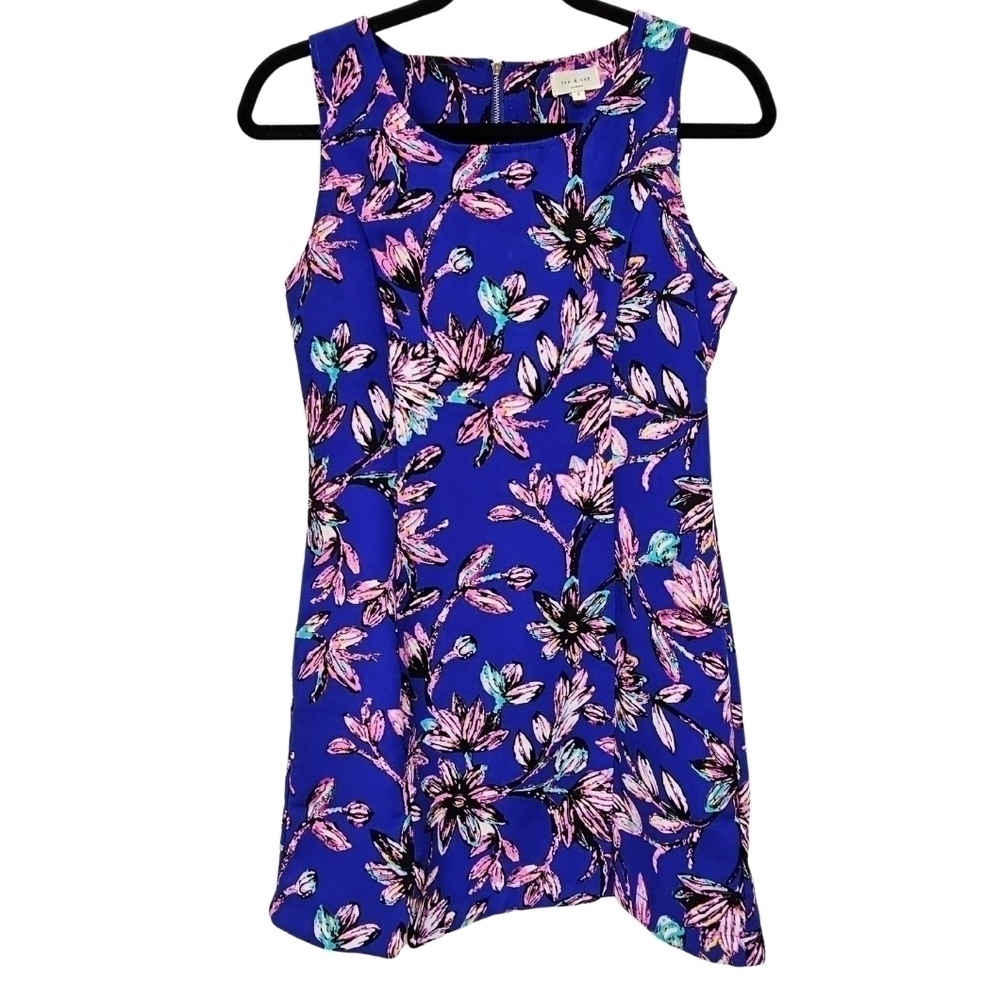 Tea & Cup, Cobalt Blue & Pink Floral Shift Dress, Size Small